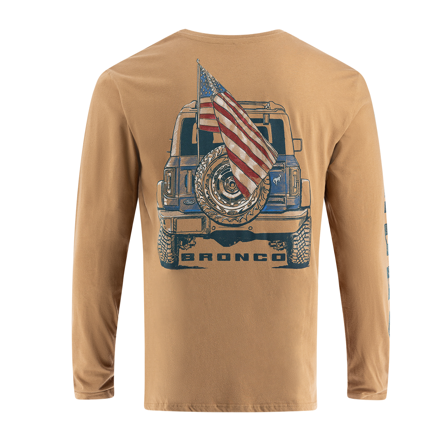 A beige long-sleeved men's T-shirt with a graphic print of a Ford Bronco vehicle and an American flag.